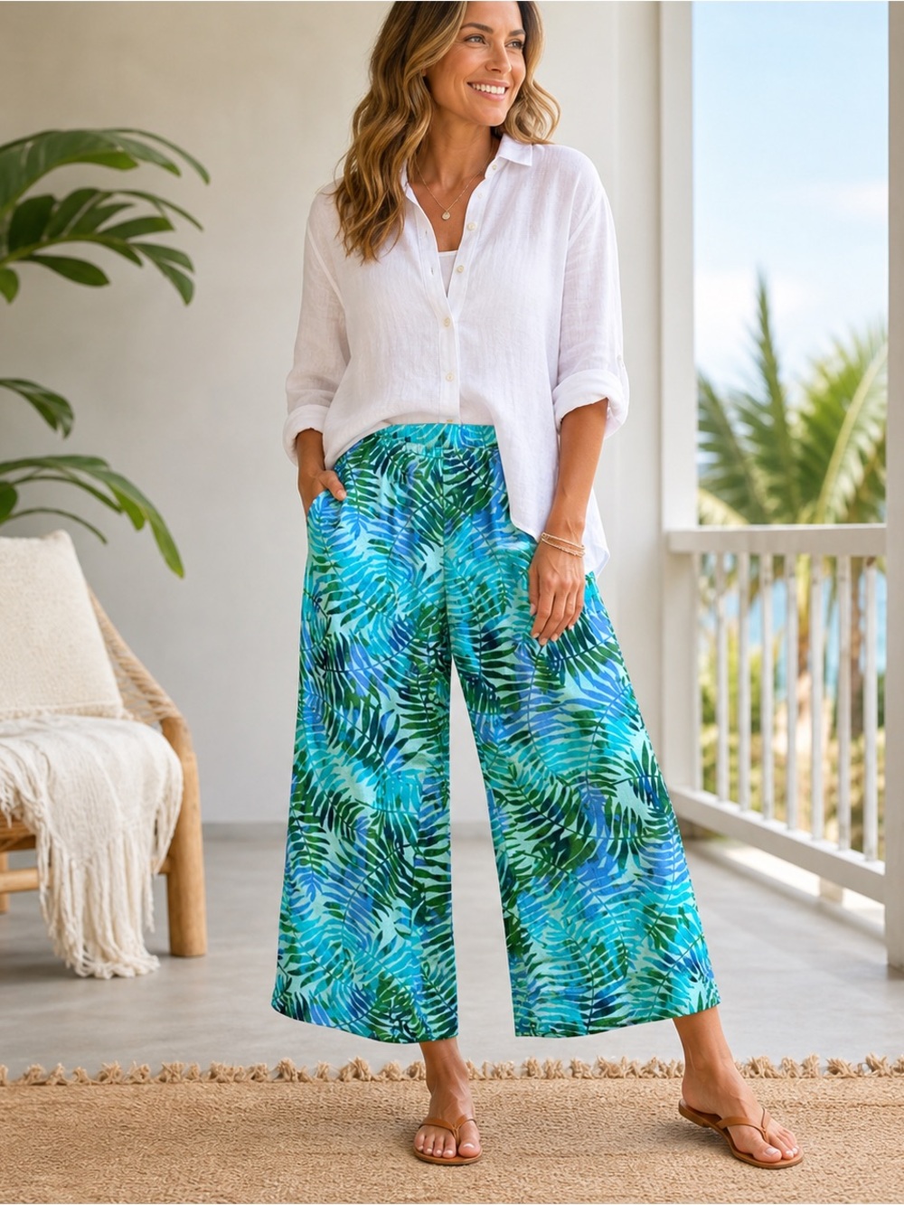 Coastal Tropical Linen Blend Wide Leg Crop Pants Palm Resort Vacation Petite S
